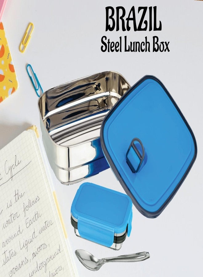 Nabhya Brazil Big Stainless Steel Tiffin Box for Kids, Airtight Leak Proof Lunch Box with Mini Katori Inside with Spoon | Meal Lunch Box for School, Boys & Girls-1220ml (Big, Blue) - Image 3